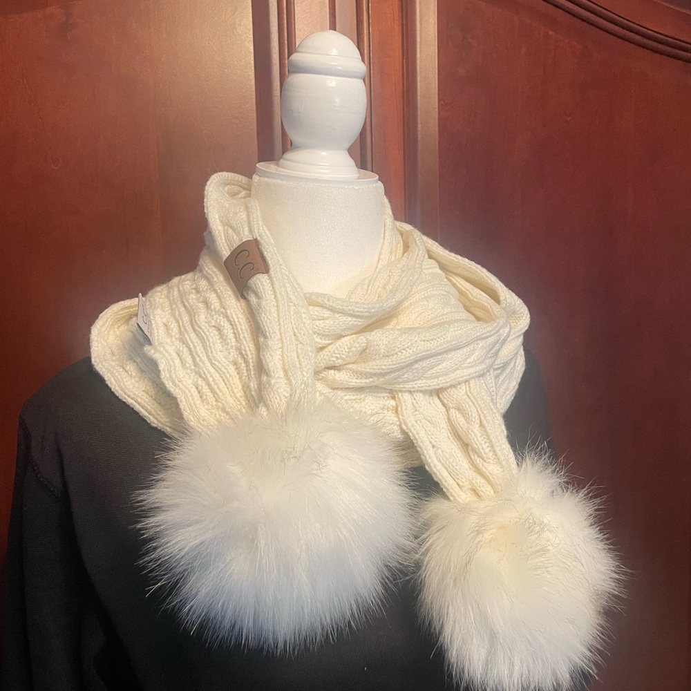 C.C. Winter White Cable Fluffy Pom Pom Soft Knit Scarf